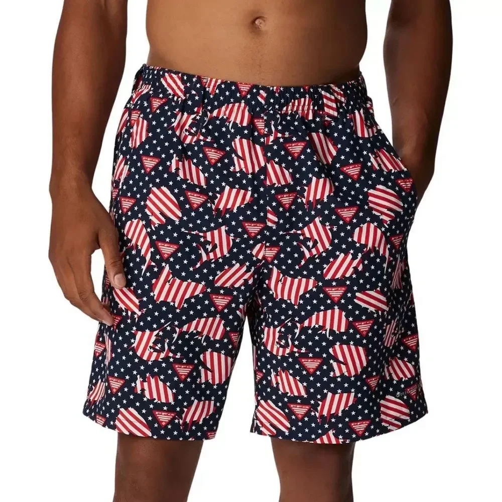 NWT Columbia PFG Clearwater Shores Patriotic Fish 6” Swim Trunks Shorts Medium